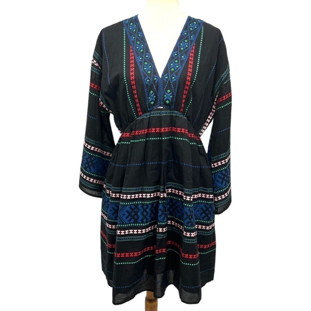 Joie Shada Black Embroidered V Neck Kimono Sleeve Cotton Boho Dress Women Large - Picture 14 of 14